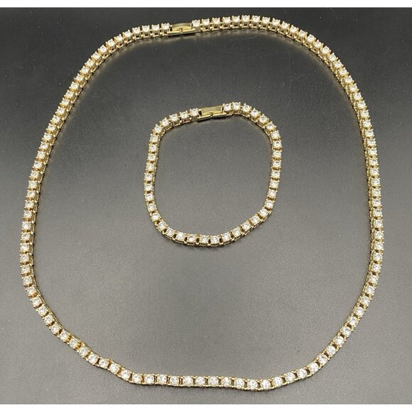 Unbranded Jewelry - Necklace Bracelet Set 4 mm Tennis Yellow Gold Tone Solitaire CZ 21.5" 8"Hip Hop